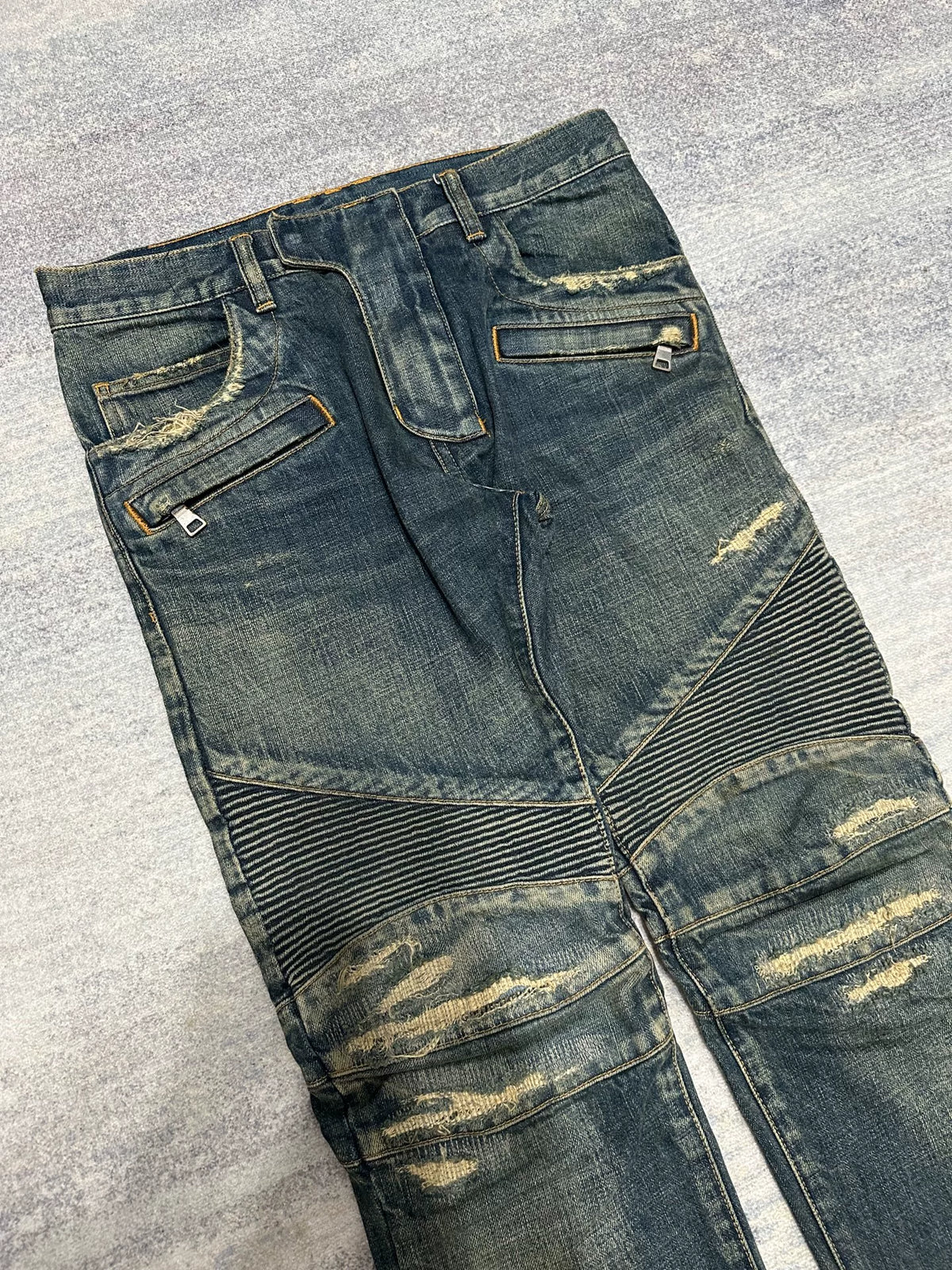 Balmain FW15 Distressed Biker Blue Jeans
