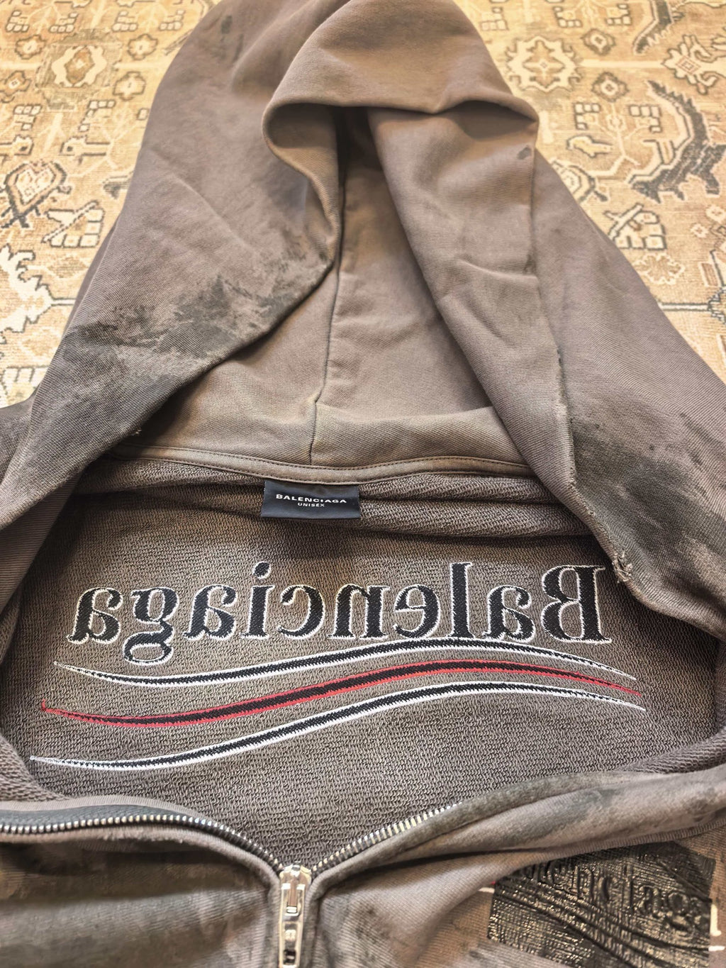 Balenciaga Grey Cola Tape Distressed Zip-Up Hoodie