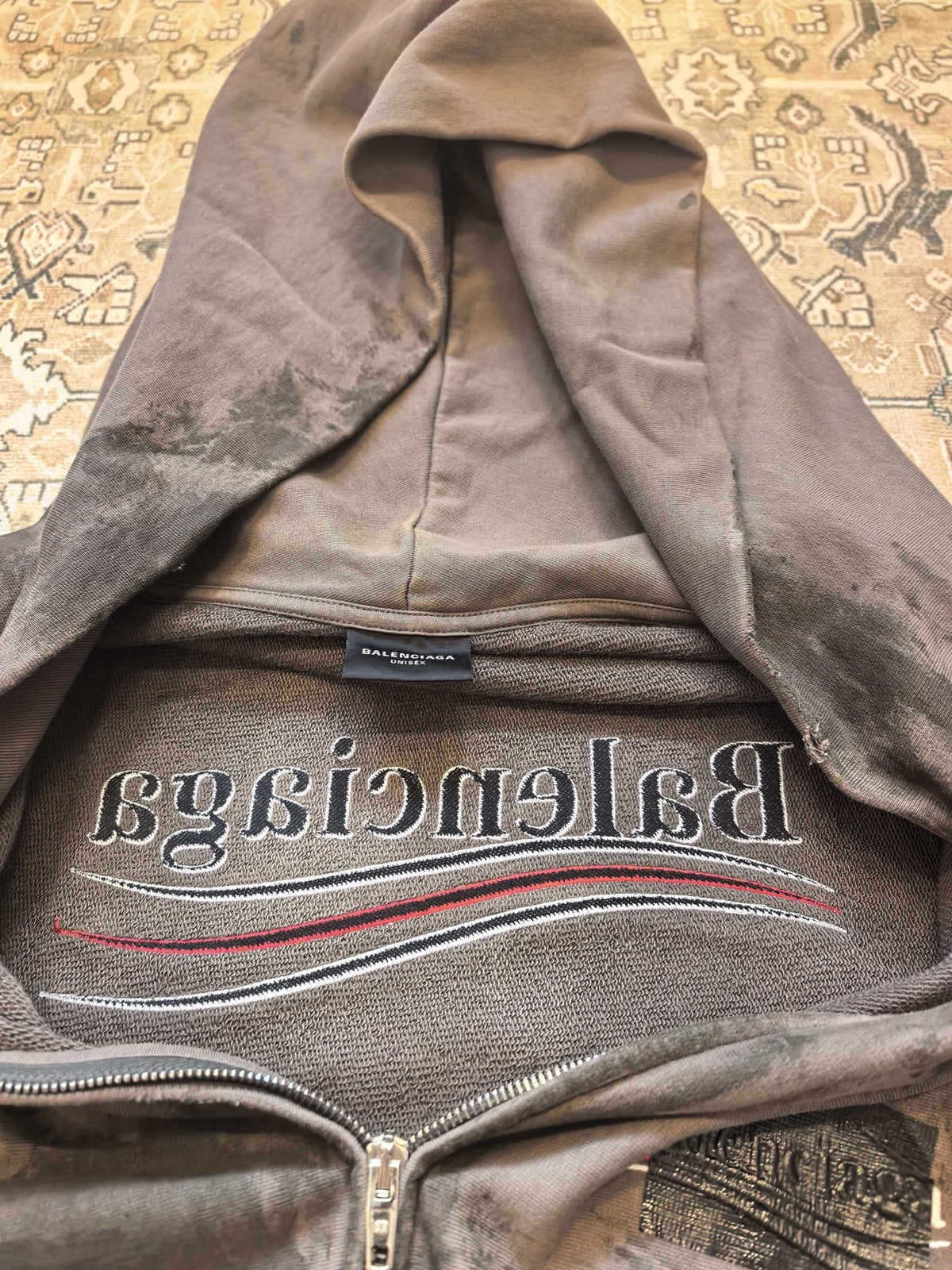 Balenciaga Grey Cola Tape Distressed Zip-Up Hoodie