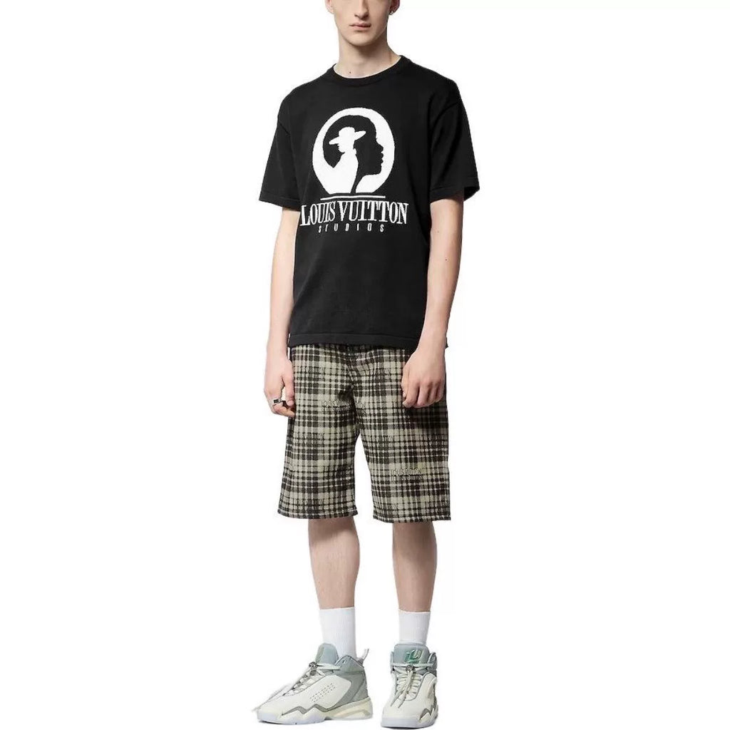 Louis Vuitton Black Letter Portrait Intarsia Ribbed Collar Combed Cotton Short Sleeve Top