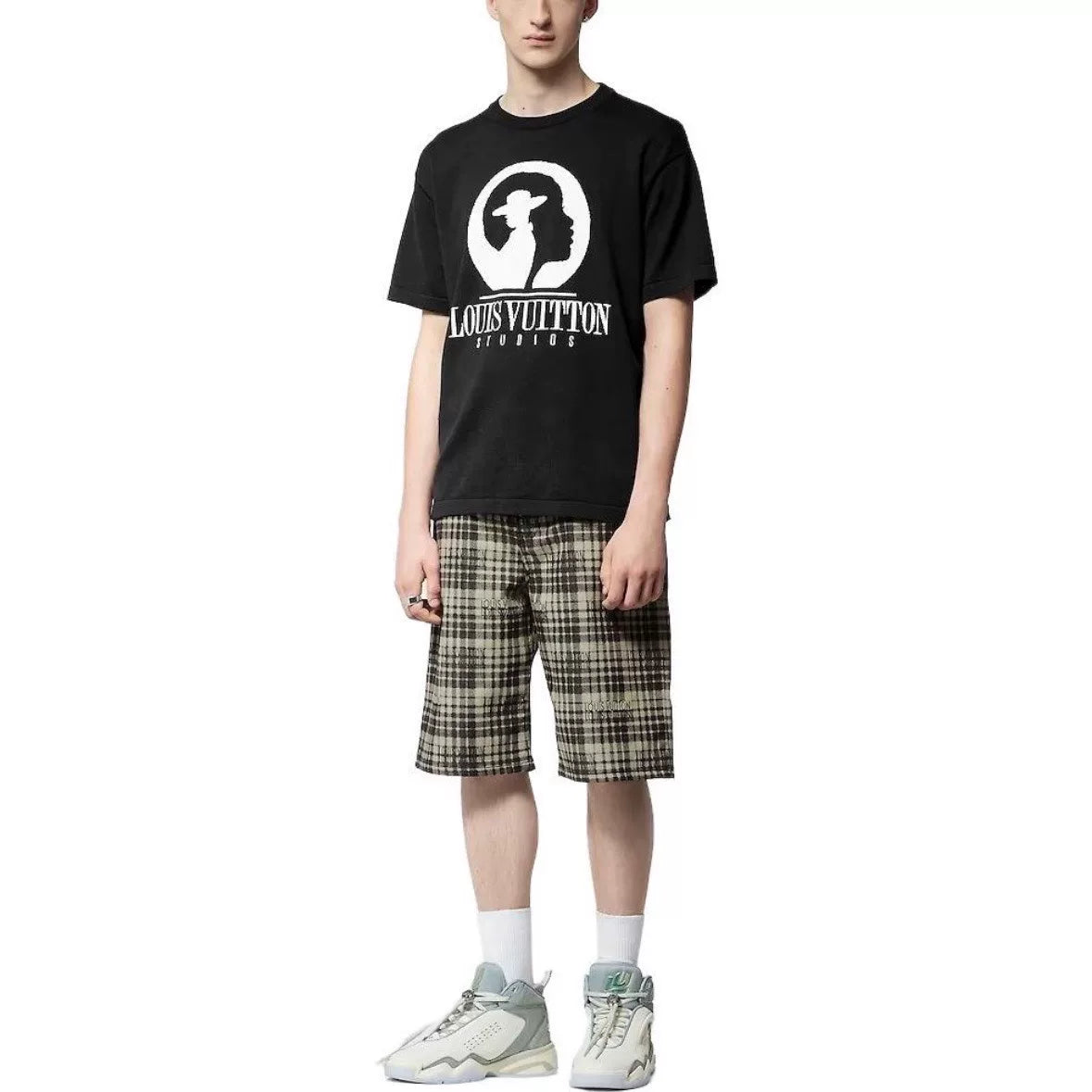 Louis Vuitton Black Letter Portrait Intarsia Ribbed Collar Combed Cotton Short Sleeve Top