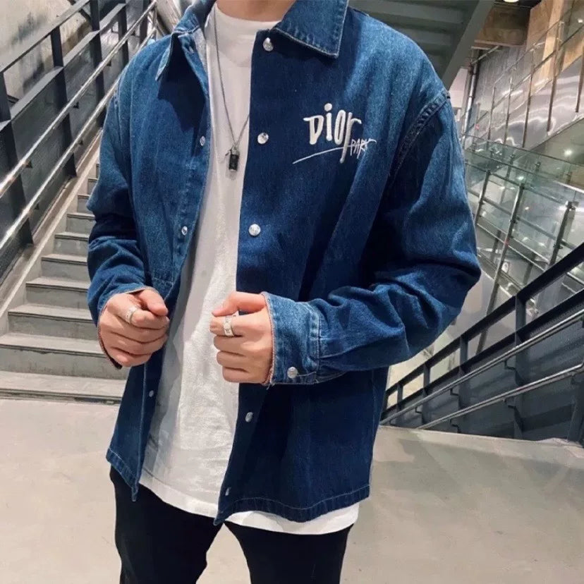 Dior X Stussy Long Sleeve Denim Lapel Embroidered Logo Skull Navy Jacket