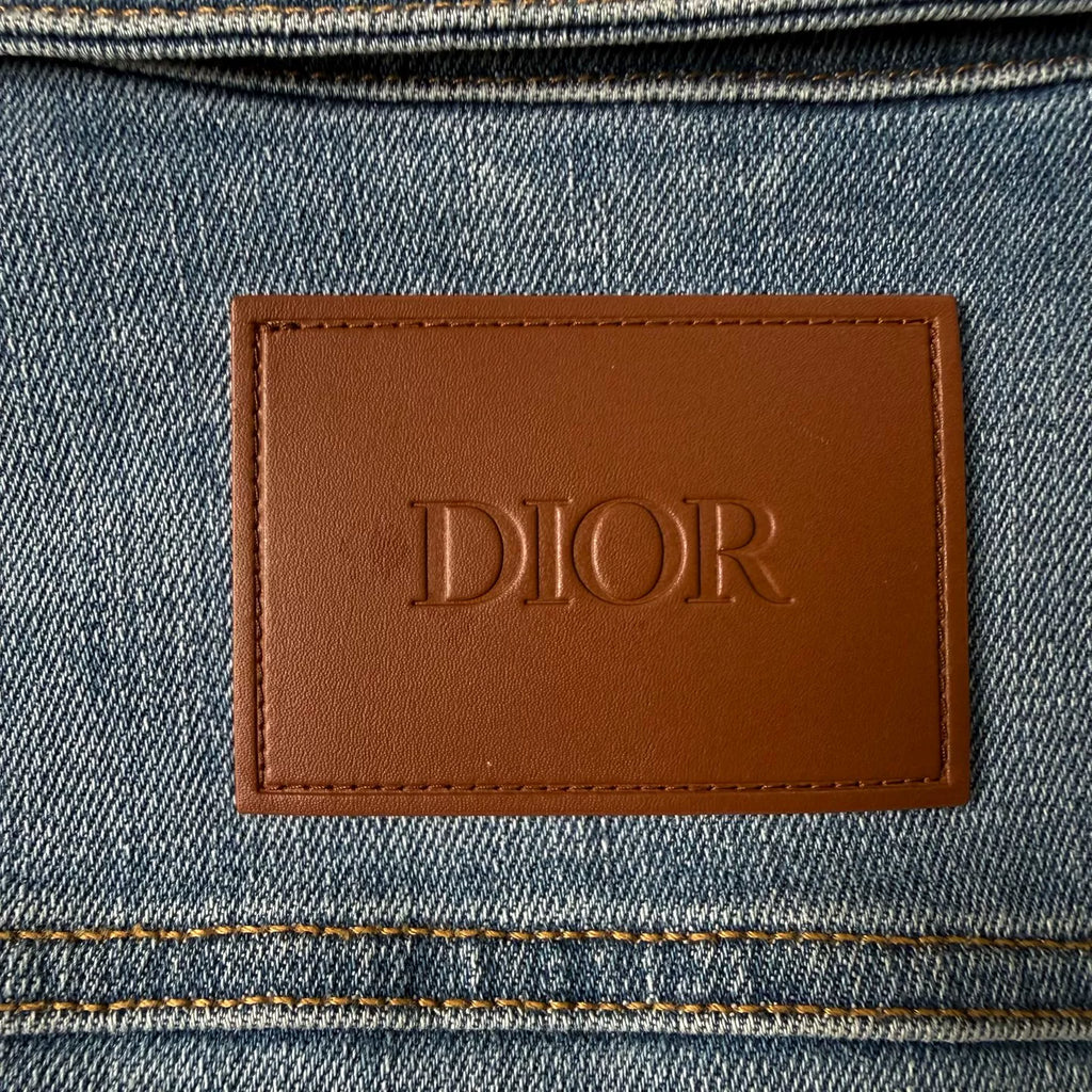 Dior Logo Leather Patch Collared Denim Jacket