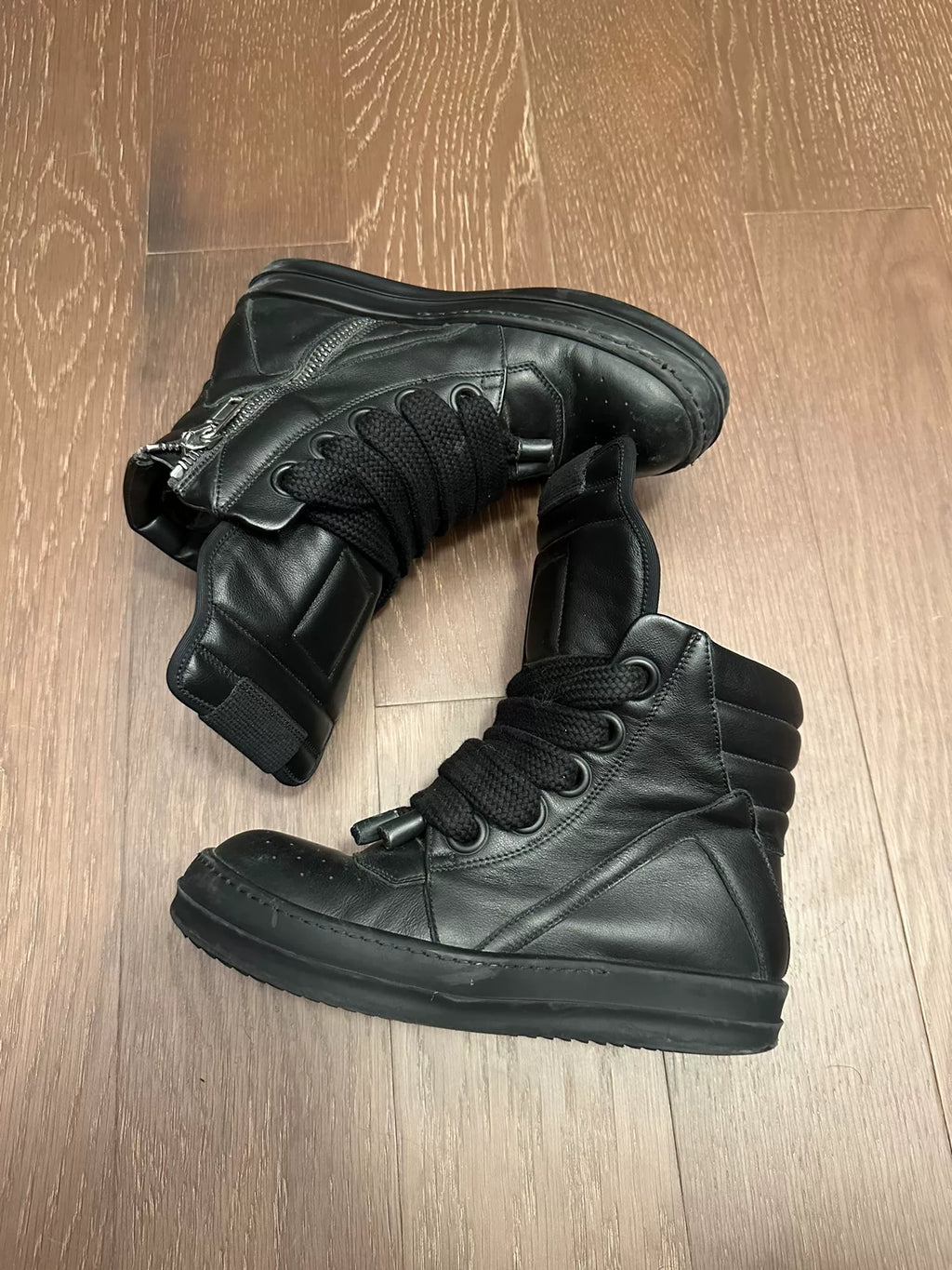 Rick Owens mainline pure black thick laces inverted triangle Sneakers