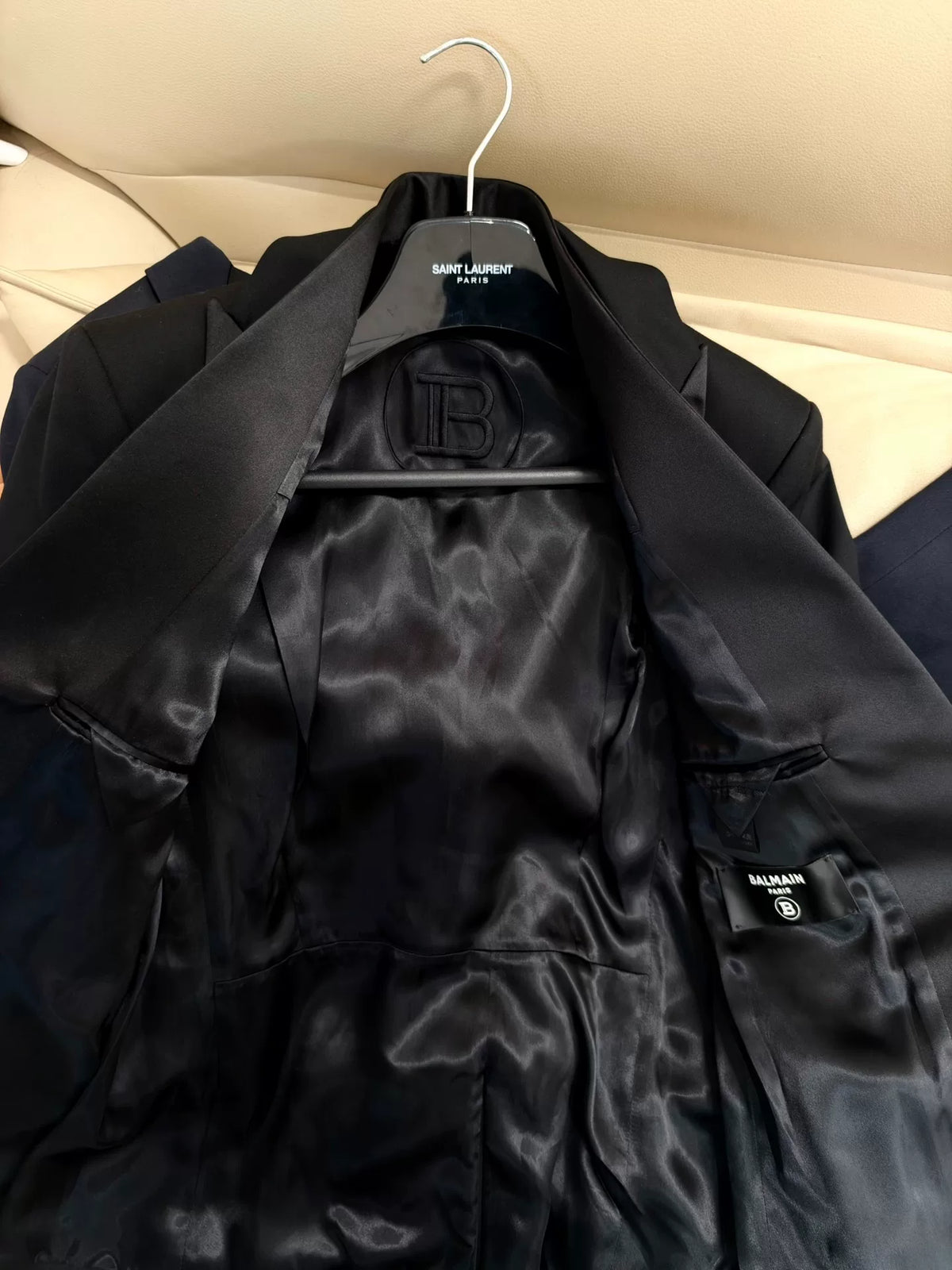 Balmain FW22 Sword Collar One‑Button Pin‑Decorated Satin Peak-Lapel Wool Blazer