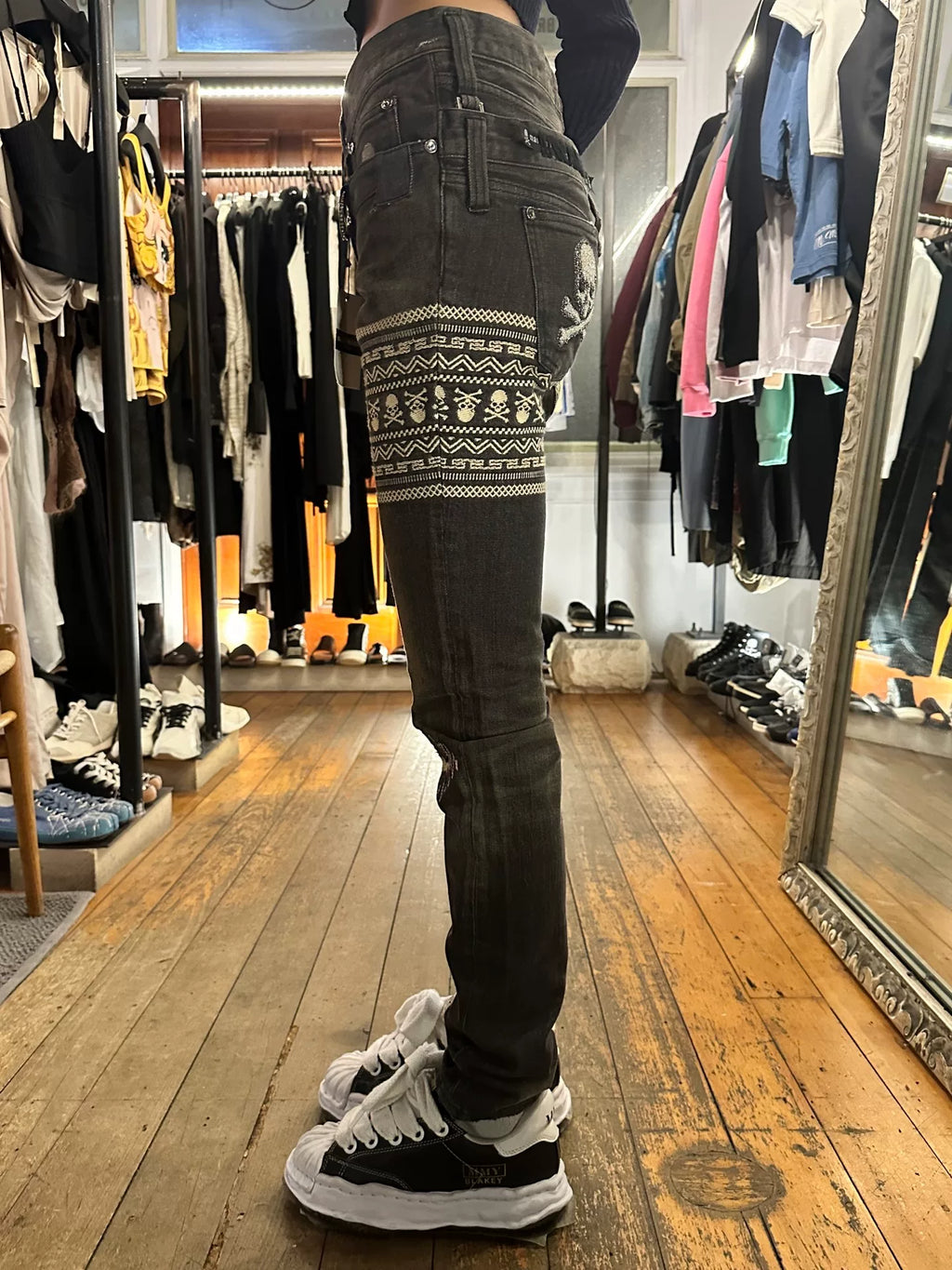 mastermind Japan FW12 Neworder SAMPLE Black Double Waist Skull Patch Denim Pants