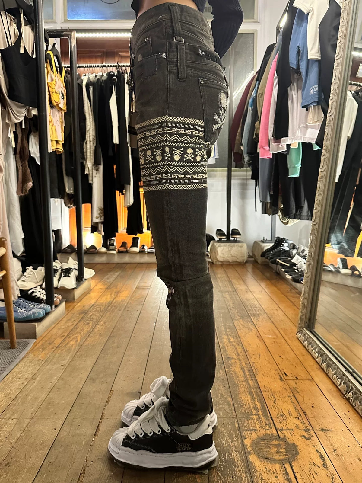 mastermind Japan FW12 Neworder SAMPLE Black Double Waist Skull Patch Denim Pants