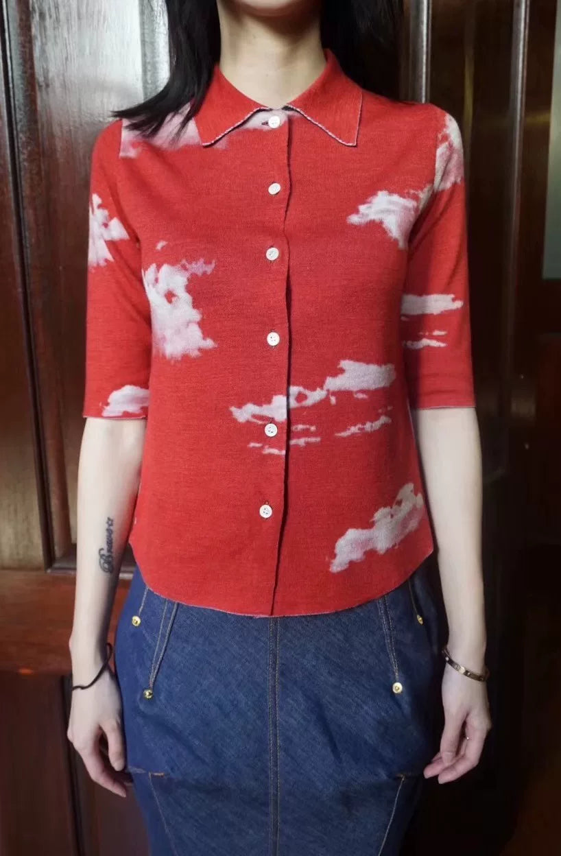 Undercover SS18 Red Sky Cloud Star Reversible Wool Polyester Knit Cardigan