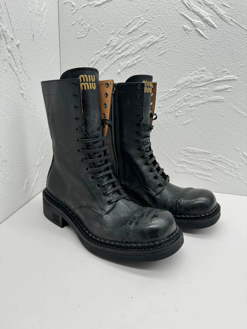 Miu Miu FW24 Runway Distressed Black Vintage Ankle Boots