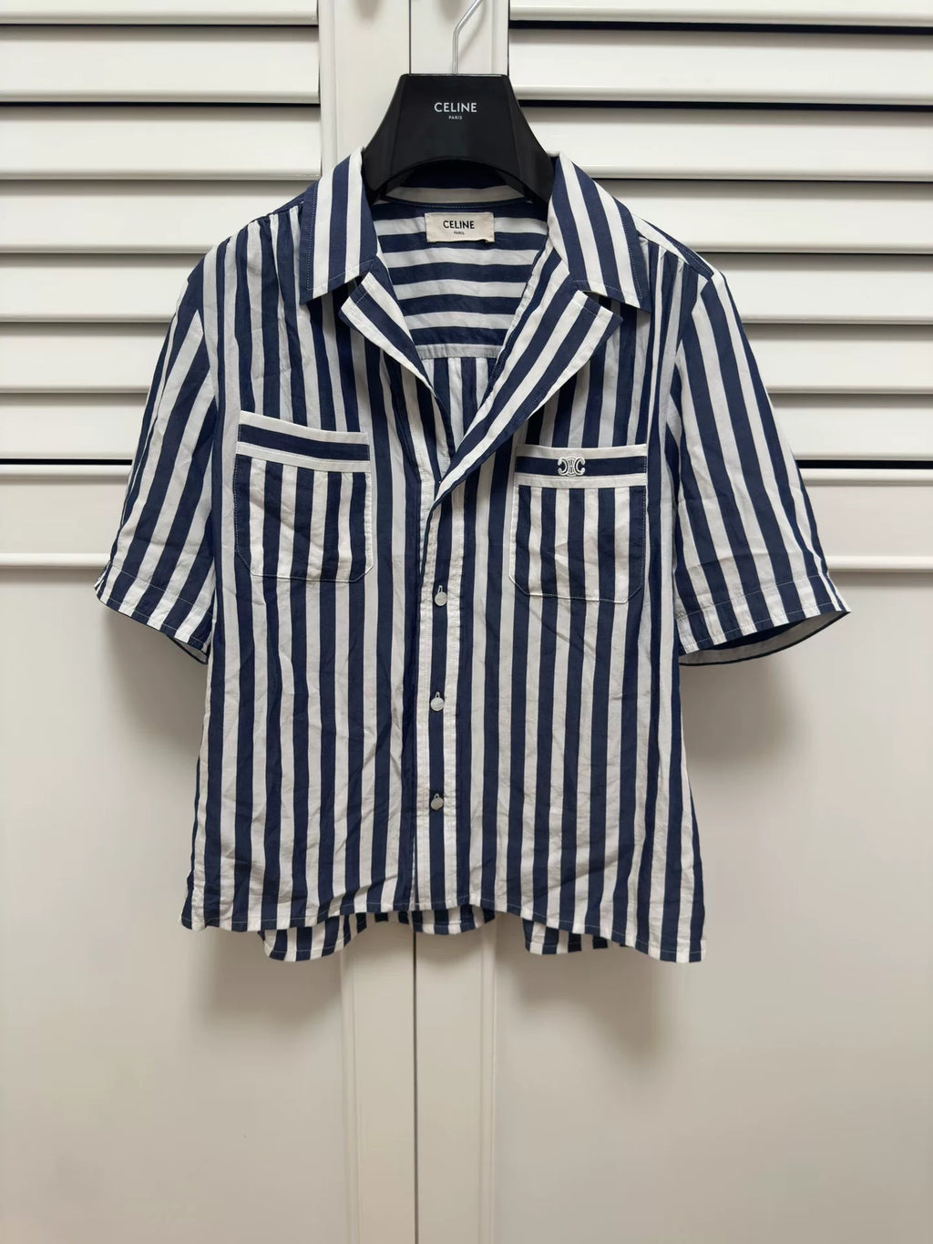 Celine Arc de Triomphe Logo Blue White Stripe Short Sleeve Shirt