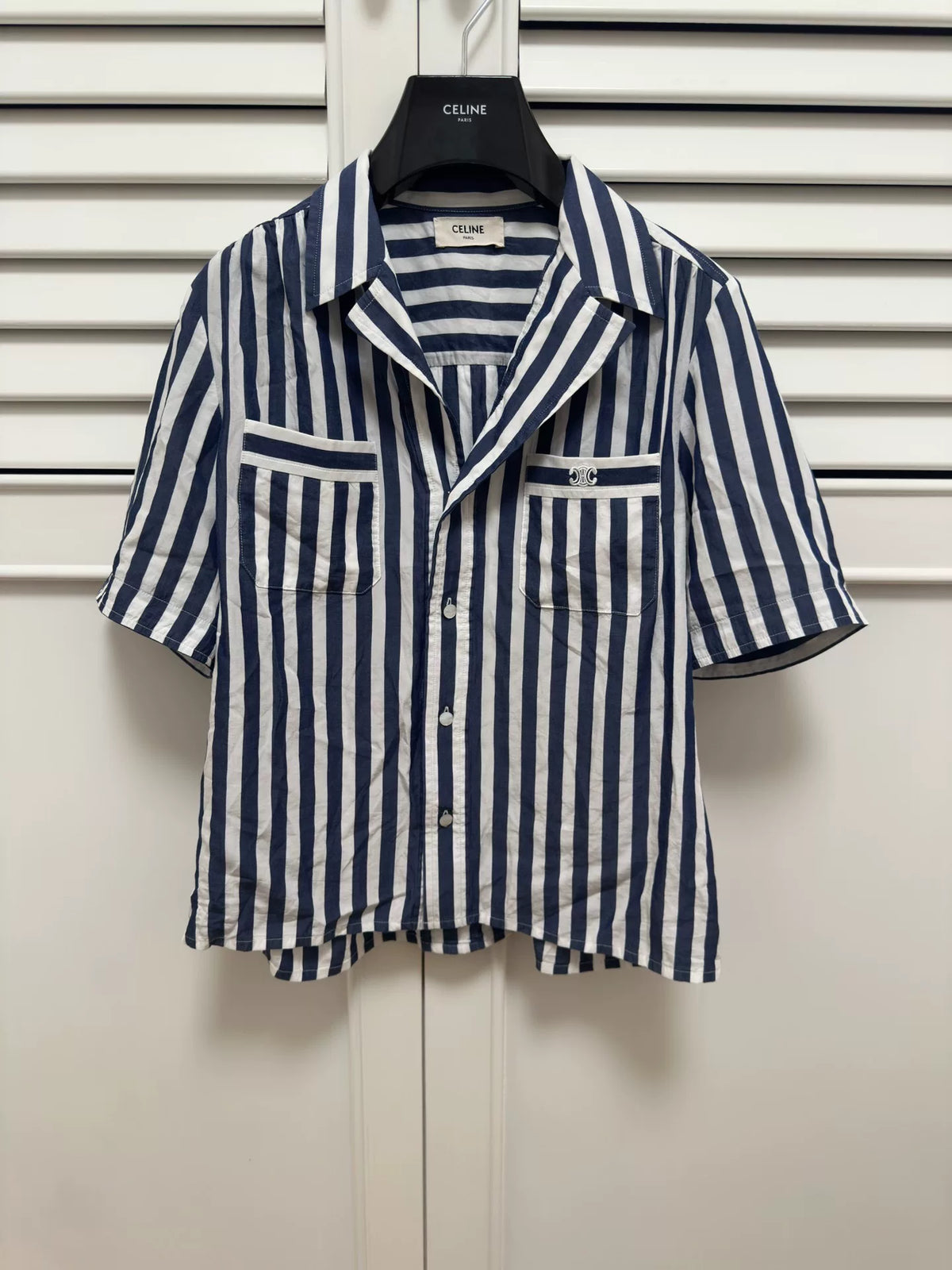 Celine Arc de Triomphe Logo Blue White Stripe Short Sleeve Shirt