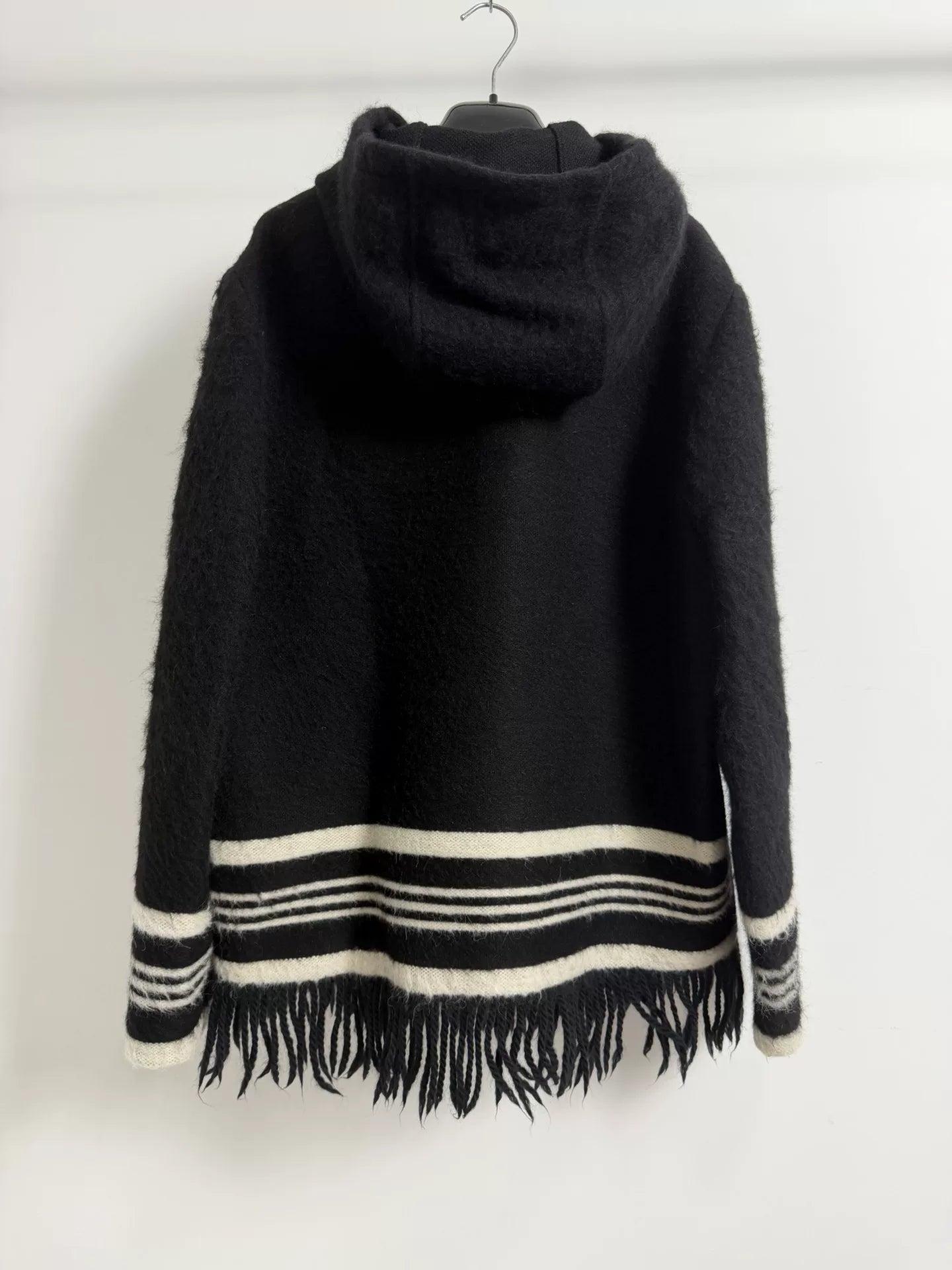 Saint Laurent Slp18fw Coat Black Alpaca Wool Fringe Hooded Jacket