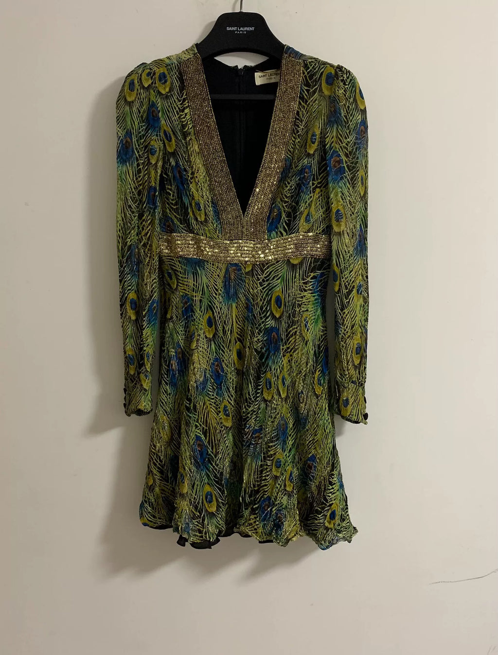 Saint Laurent SS15 Peacock Gold Thread Sequin Bead Viscose Silk Dress