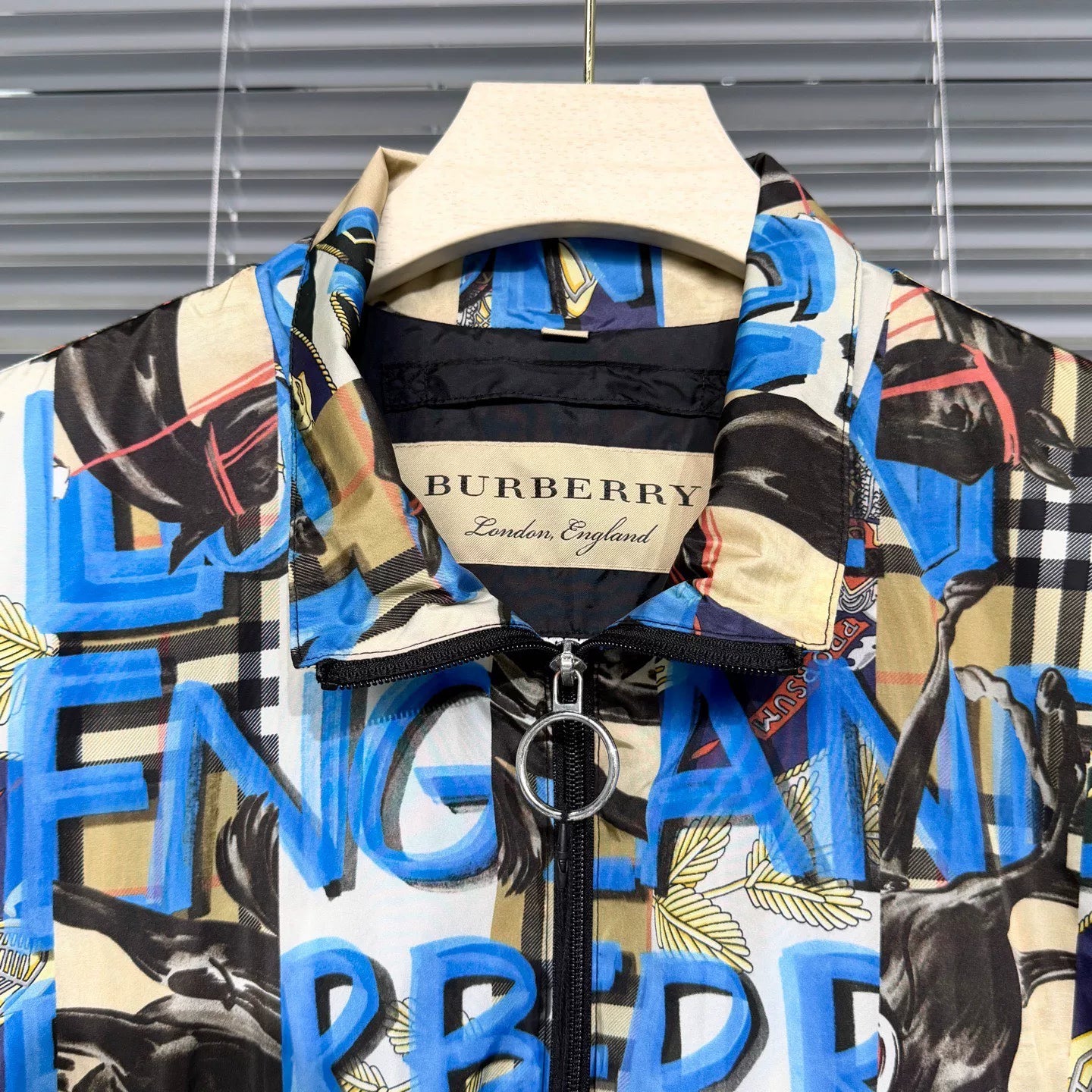 Burberry Logo All-Over Print Stand Collar Blue Jacket