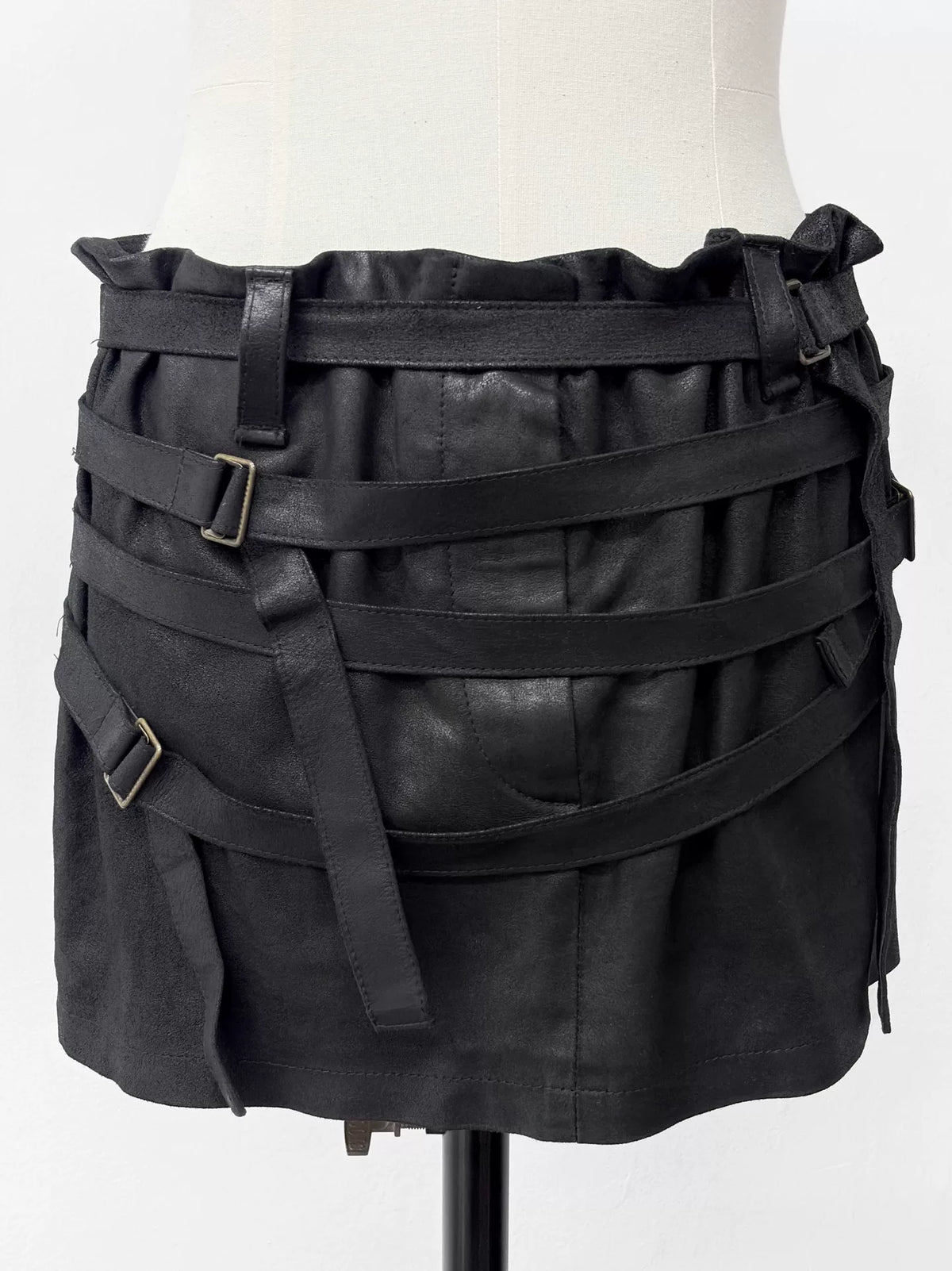 Ann Demeulemeester SS03 Black Burnt Lambskin Strap Skirt