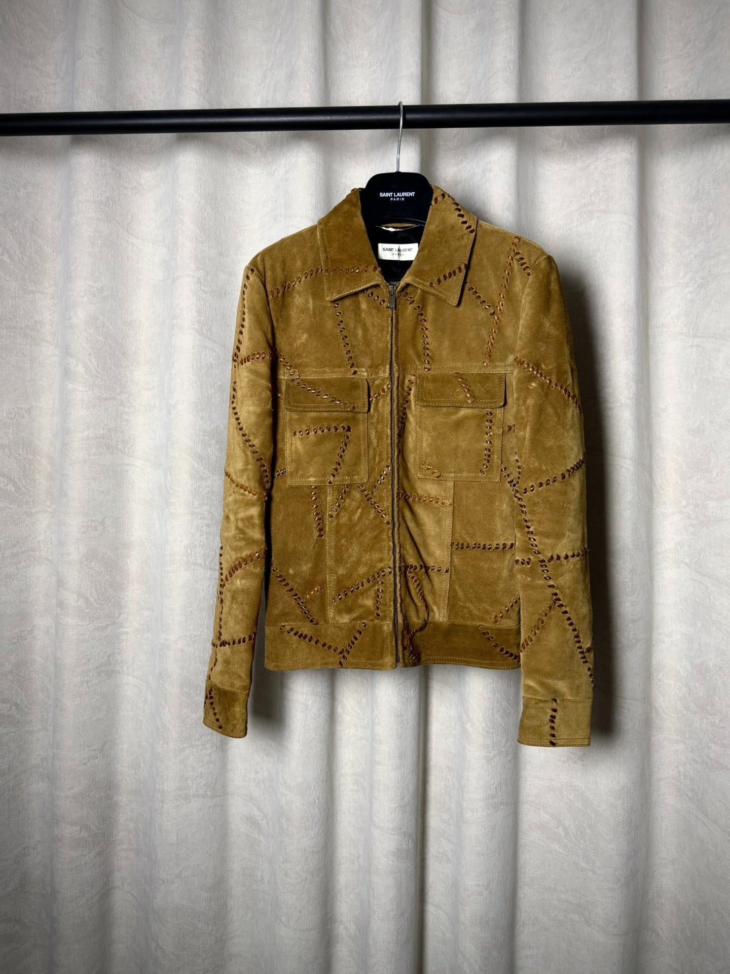 Saint Laurent 18FW Suede Leather Geometric Tied Jacket by Anthony Vaccarello