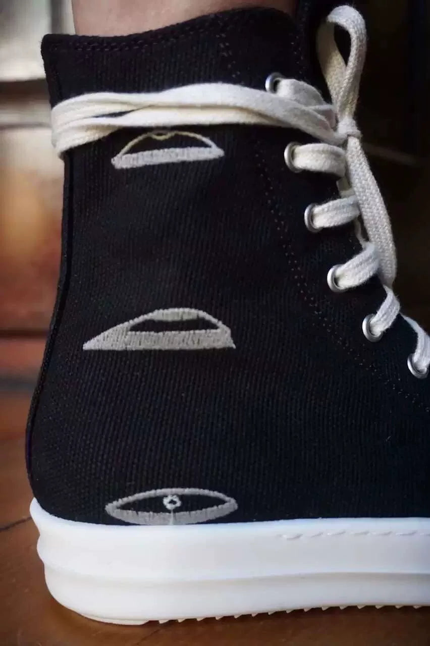 Rick Owens SS16 Black Cyclops Three-Eye Embroidered Vegan Canvas Large Converse Sneakers
