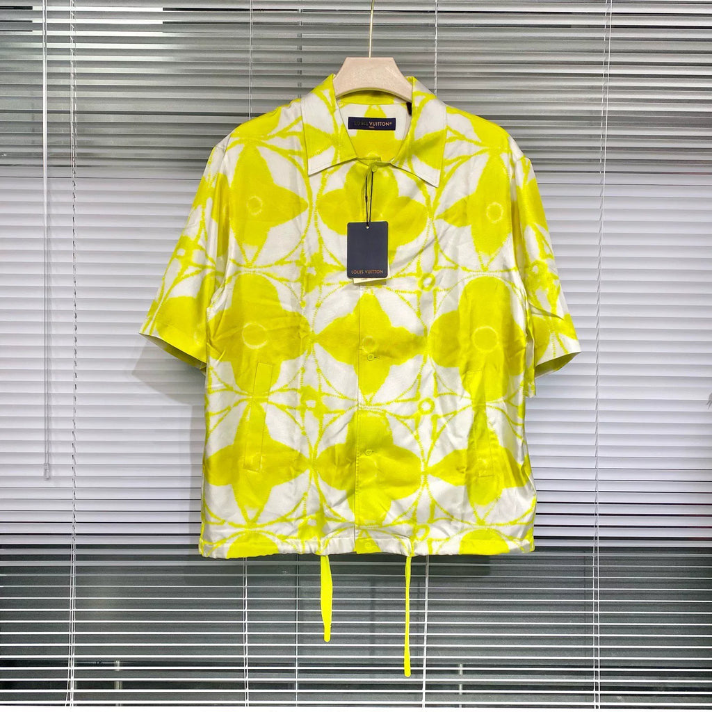 Louis Vuitton SS24 Short Sleeve Runway Silk Monogram Three-Flower Tie-Dye Button-Front Drawstring Yellow Shirt