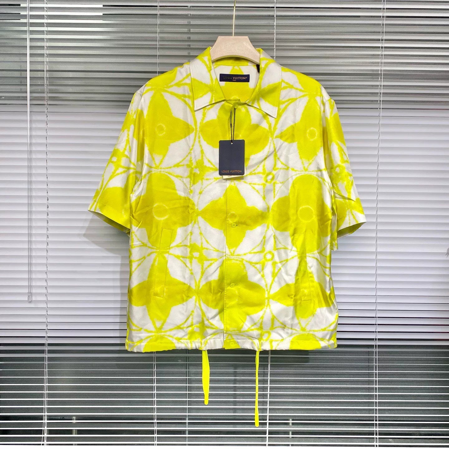 Louis Vuitton SS24 Short Sleeve Runway Silk Monogram Three-Flower Tie-Dye Button-Front Drawstring Yellow Shirt