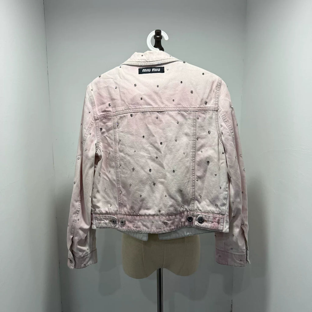 Miu Miu Rhinestone Pink Tie-Dye Denim Jacket