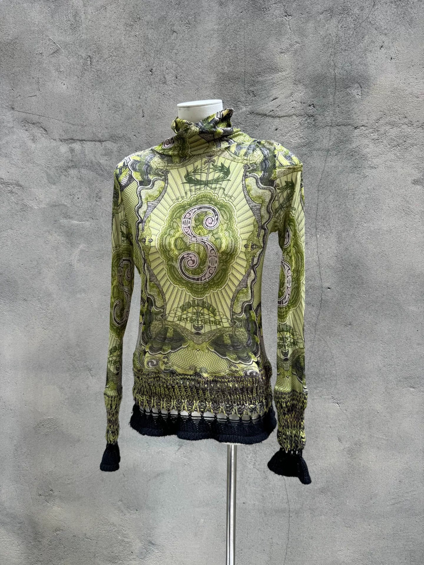 Jean Paul Gaultier Green Dragon Tattoo Bill Knit Rib Mesh Shirt
