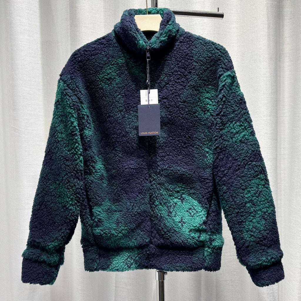 Louis Vuitton Long Sleeve Hoodie Camo All-Over Print Zip Stand Collar Wool Green Jacket