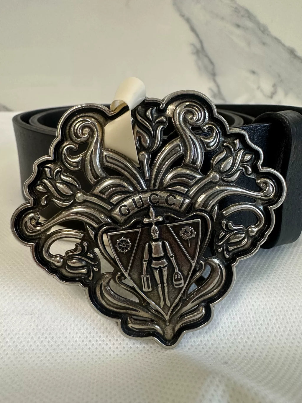 Gucci Vintage Knight Shield Embossed Black Belt