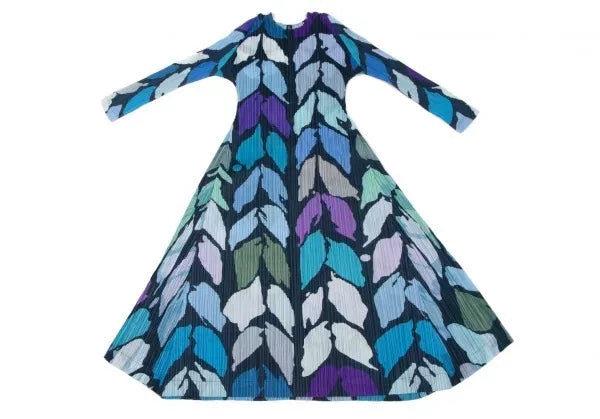 Issey Miyake Vintage Blue Green Leaf Print Pleated Dress