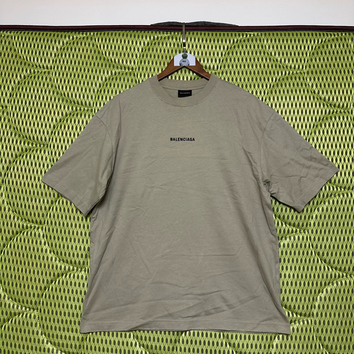 Balenciaga Khaki Grey Flocked Letter Short Sleeve Top