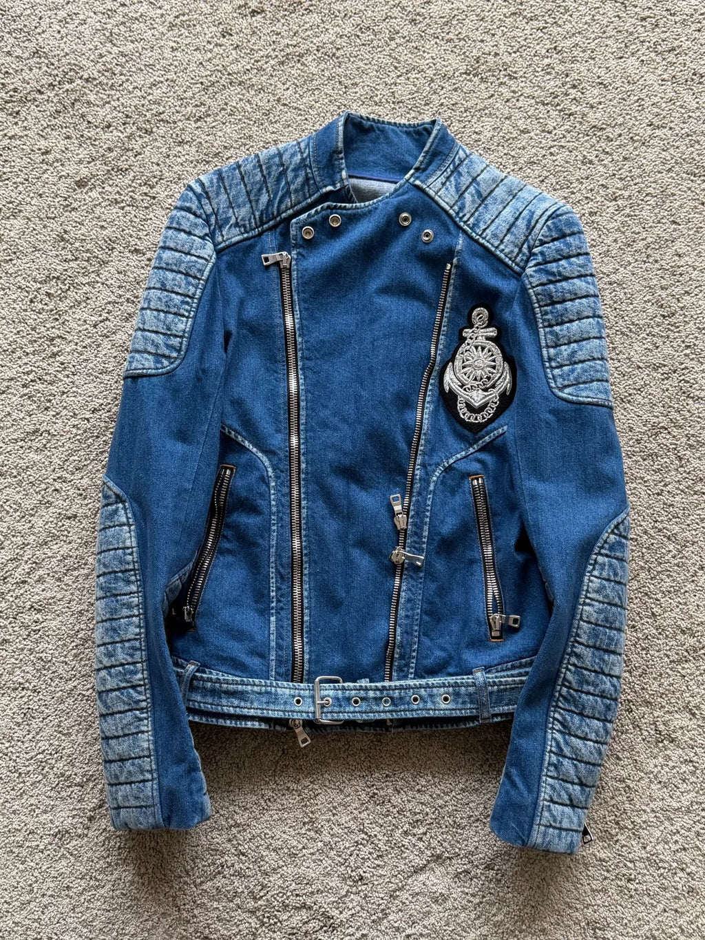 Balmain Quilted Biker Denim Jacket Anchor Patch