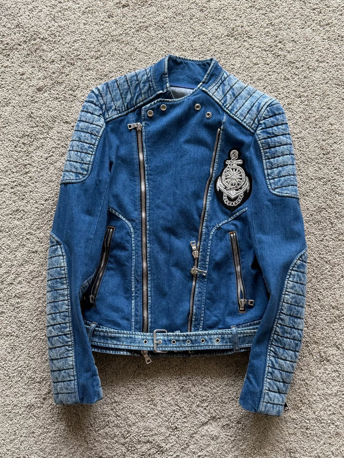Balmain Quilted Biker Denim Jacket Anchor Patch