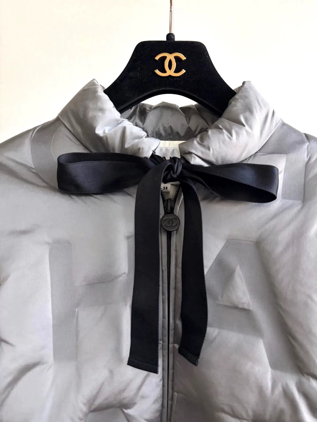 Chanel Silver Grey Letter Embossed Tied-Bow Nylon Down Jacket