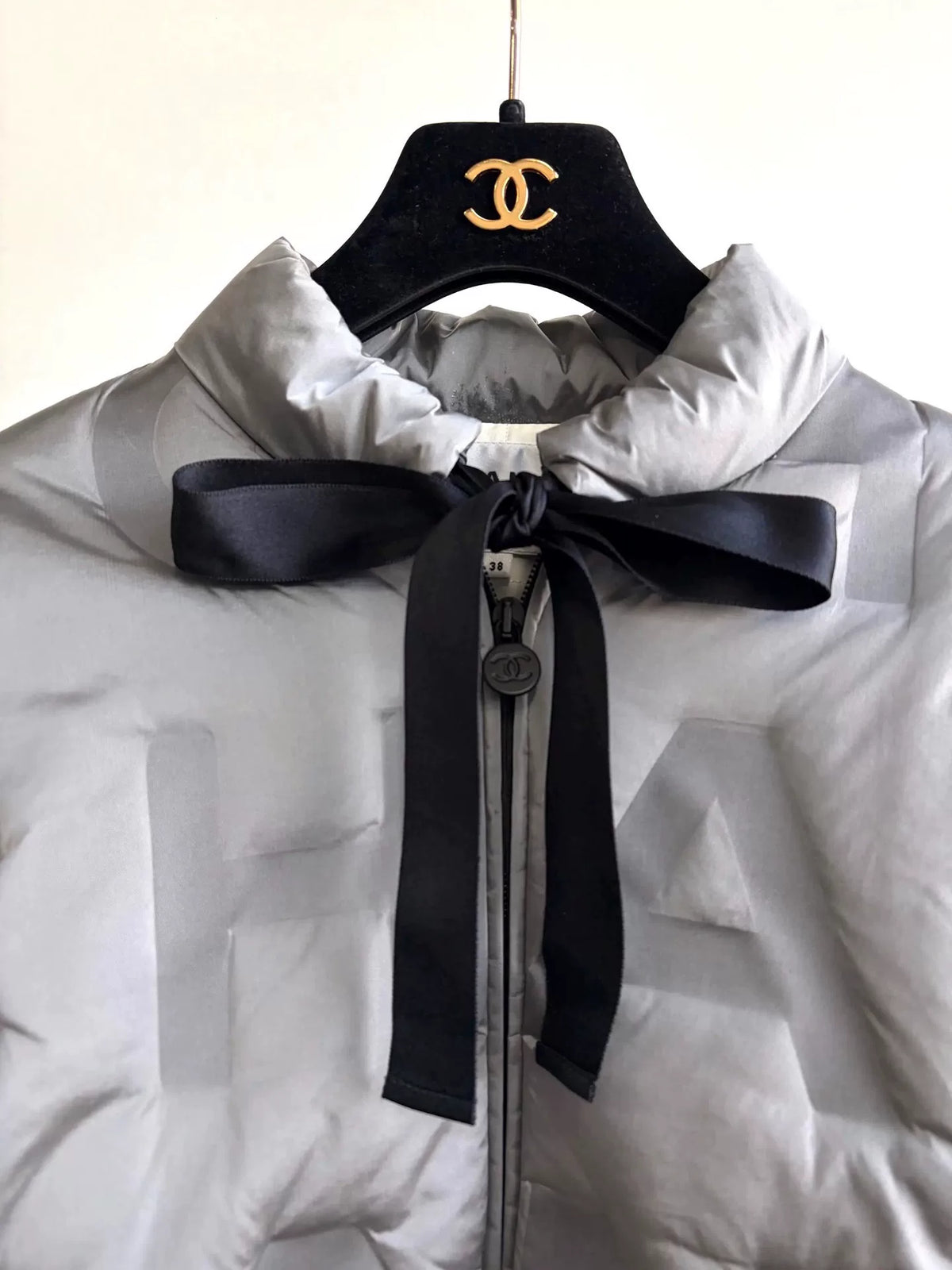 Chanel Silver Grey Letter Embossed Tied-Bow Nylon Down Jacket