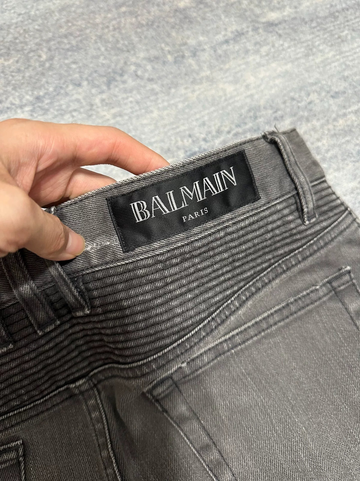 Balmain FW15 Grey Wash Biker Jeans by Olivier Rousteing