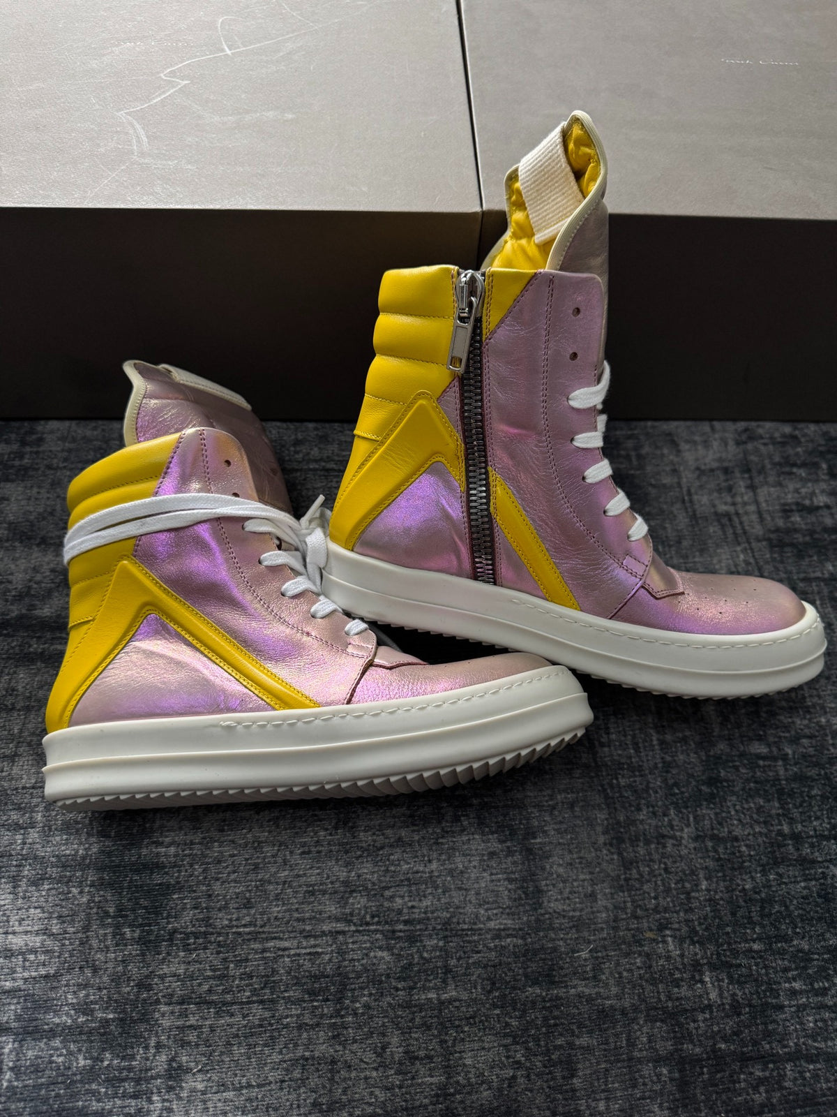 Rick Owens Pink Panel Inverted-Triangle Yellow Sneakers