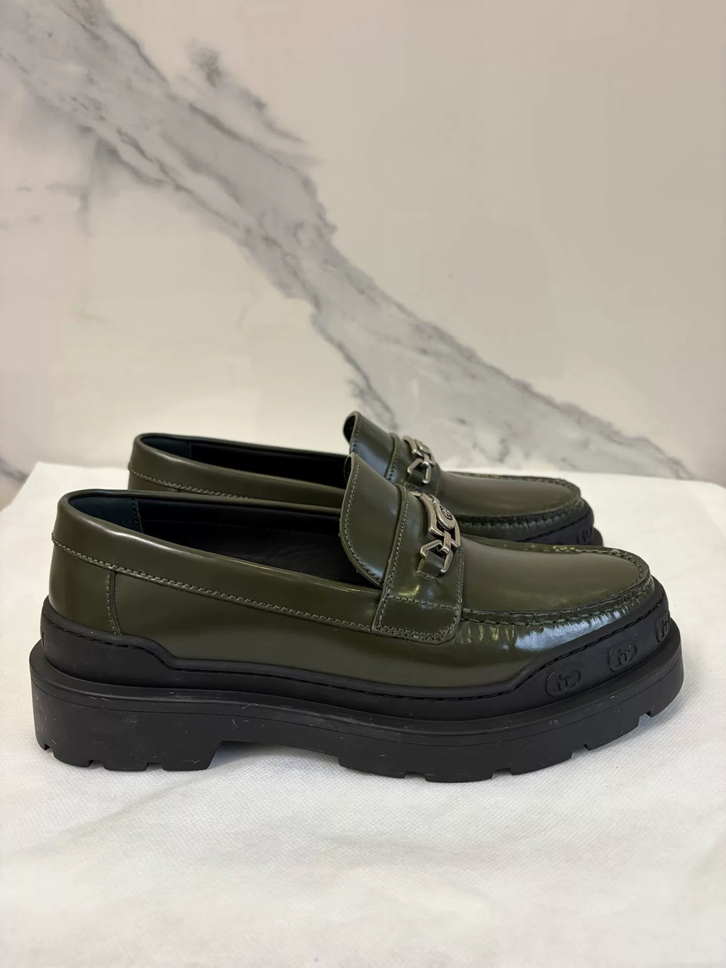 Gucci Dark Green Horsebit Leather Loafers