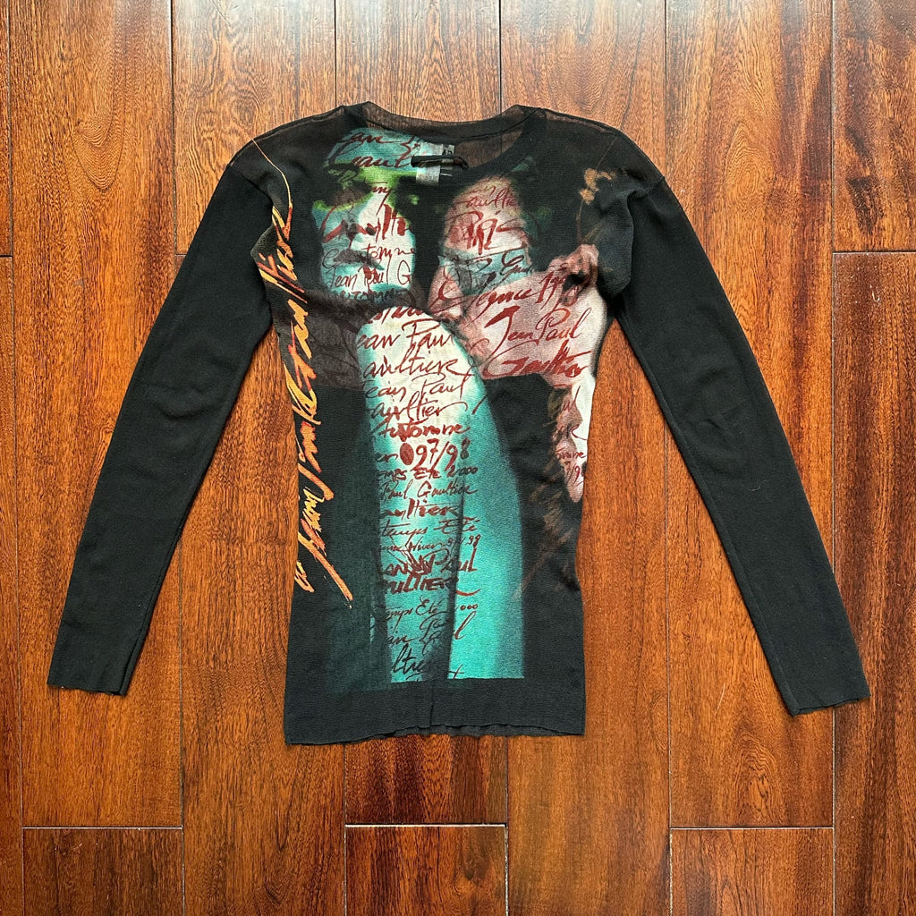 Jean Paul Gaultier psychedelic portrait mesh top skin-tight