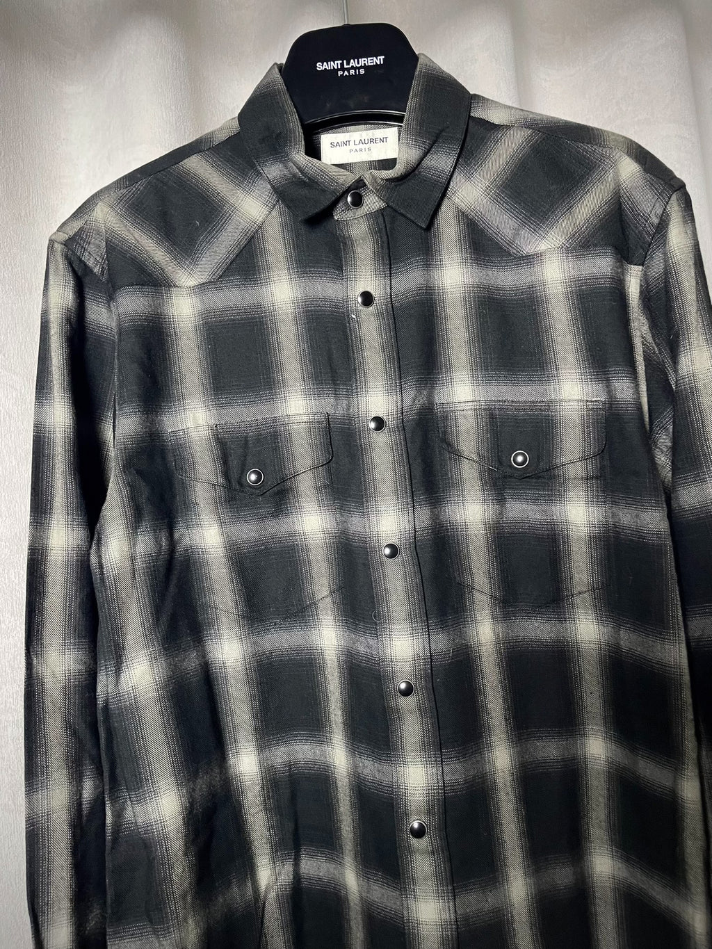 Saint Laurent 13FW Hedi Slimane Black White Plaid Cat-Eye Button Shirt by Hedi Slimane