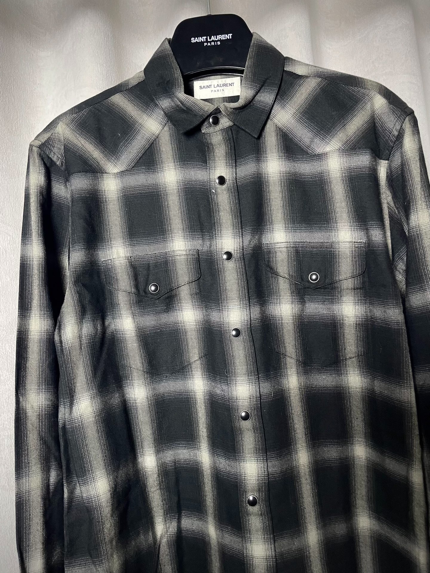 Saint Laurent 13FW Hedi Slimane Black White Plaid Cat-Eye Button Shirt by Hedi Slimane