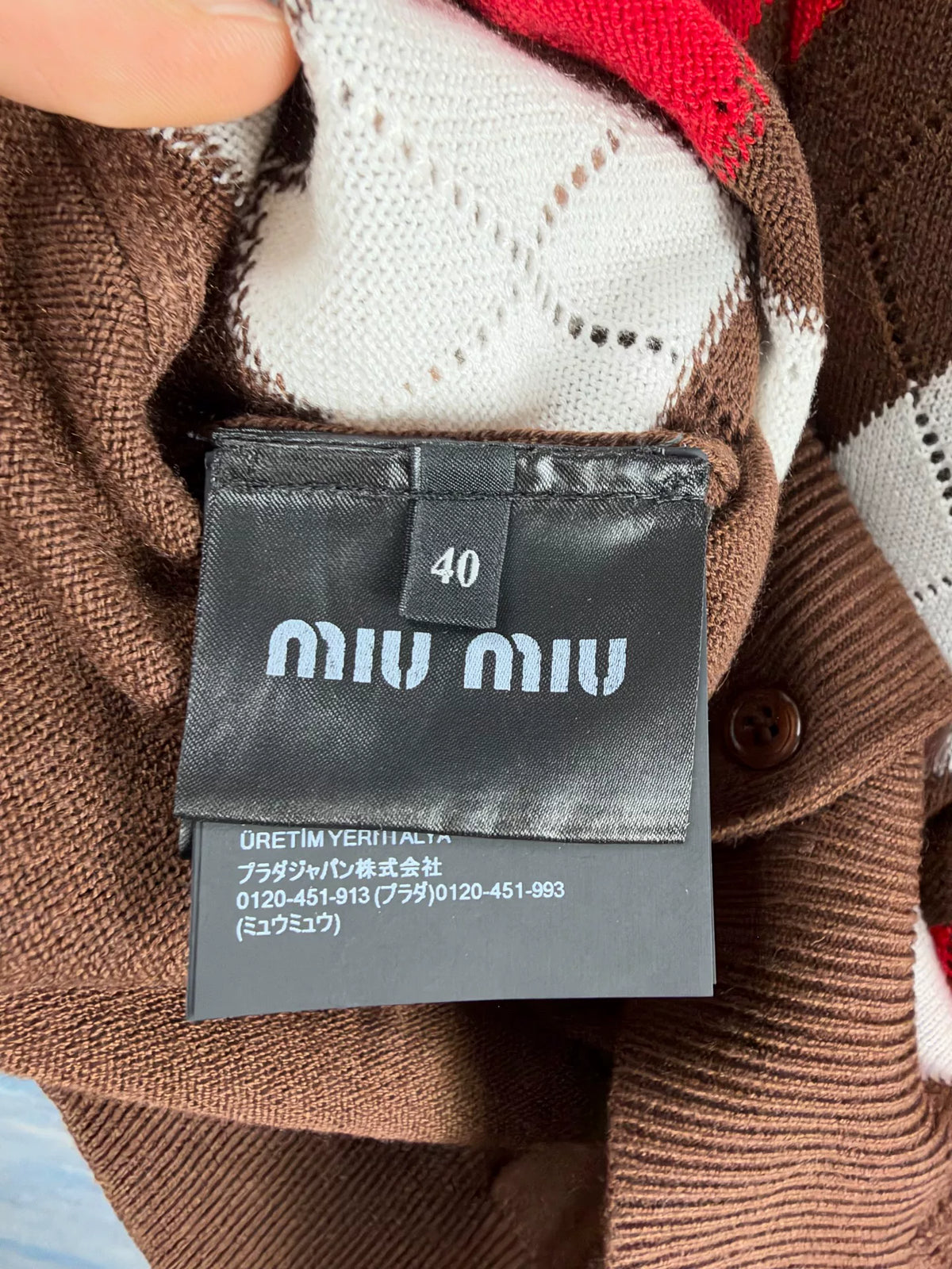 Miu Miu SS26 Brown Diamond Patch Collared Cashmere Cardigan