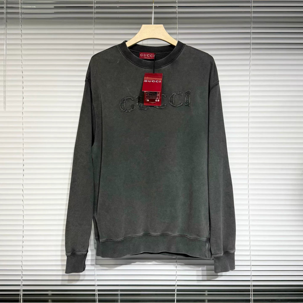 Gucci Embroidered Logo Washed Distressed Cotton Gray Hoodie