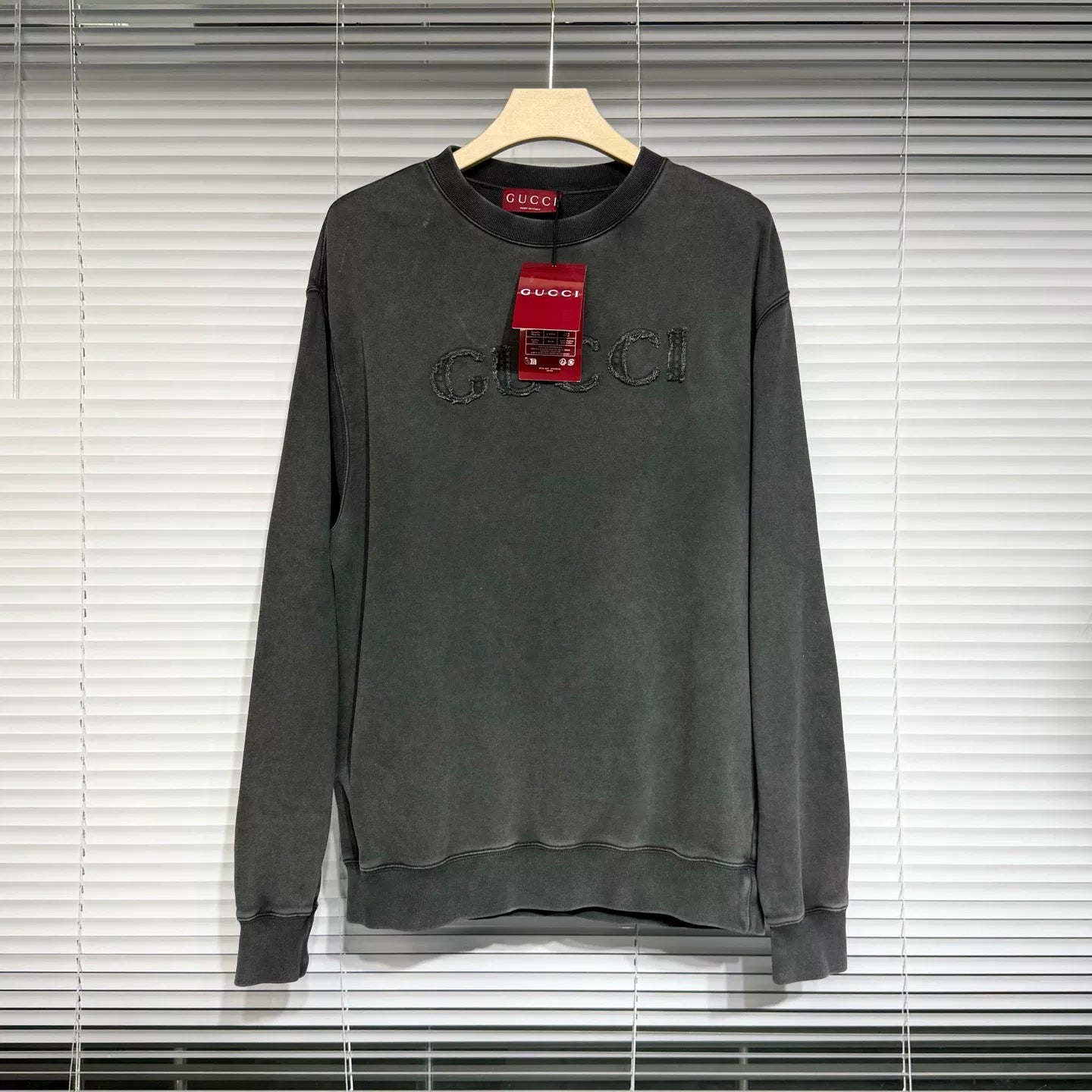 Gucci Embroidered Logo Washed Distressed Cotton Gray Hoodie