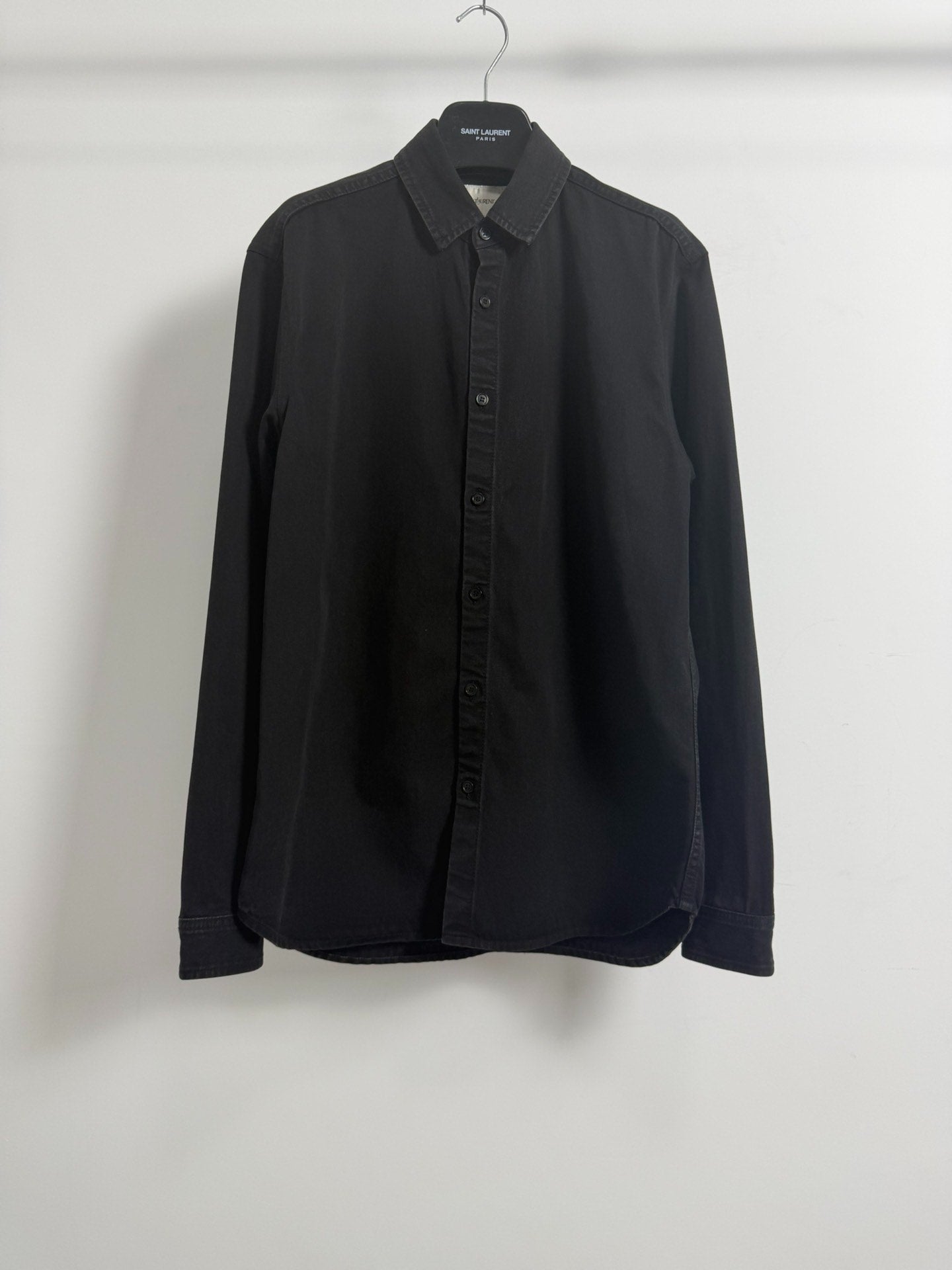 Saint Laurent Slp24fw Embroidered Logo Black Denim Shirt