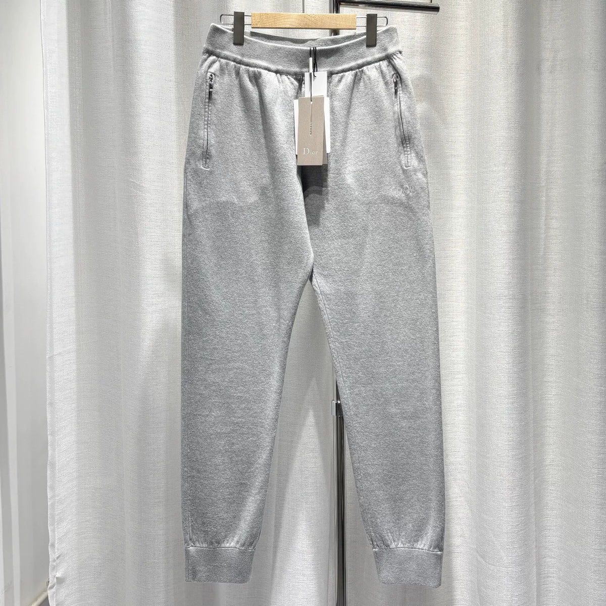 Dior Grey All-Over Print Lining Embroidered Logo Elastic Hem Zip-Up Cotton Cashmere Trousers