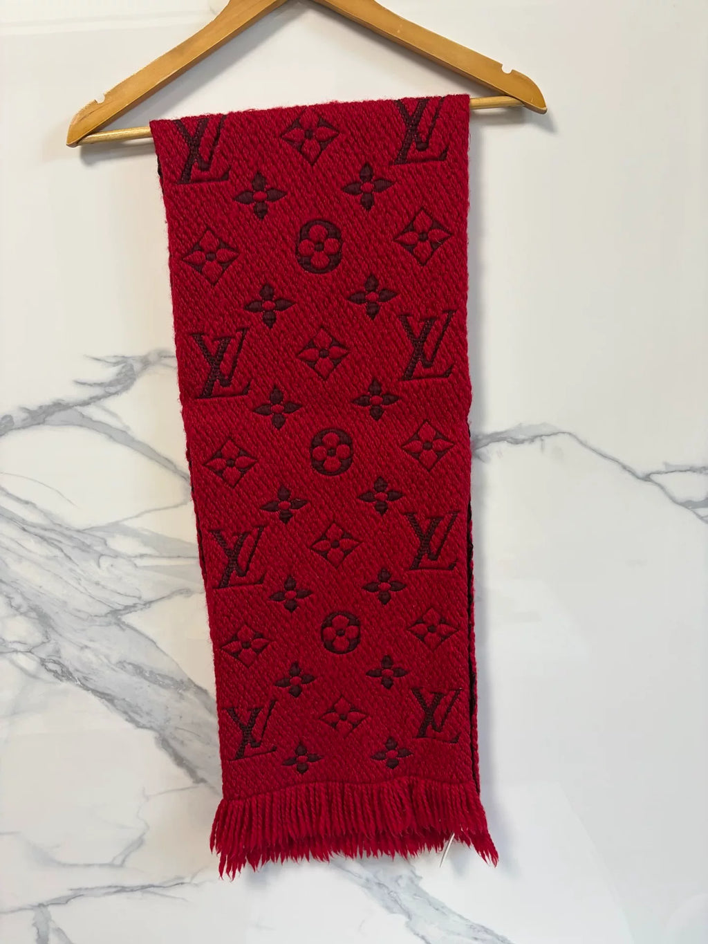 Louis Vuitton Red Monogram Wool Silk Fringe Scarf