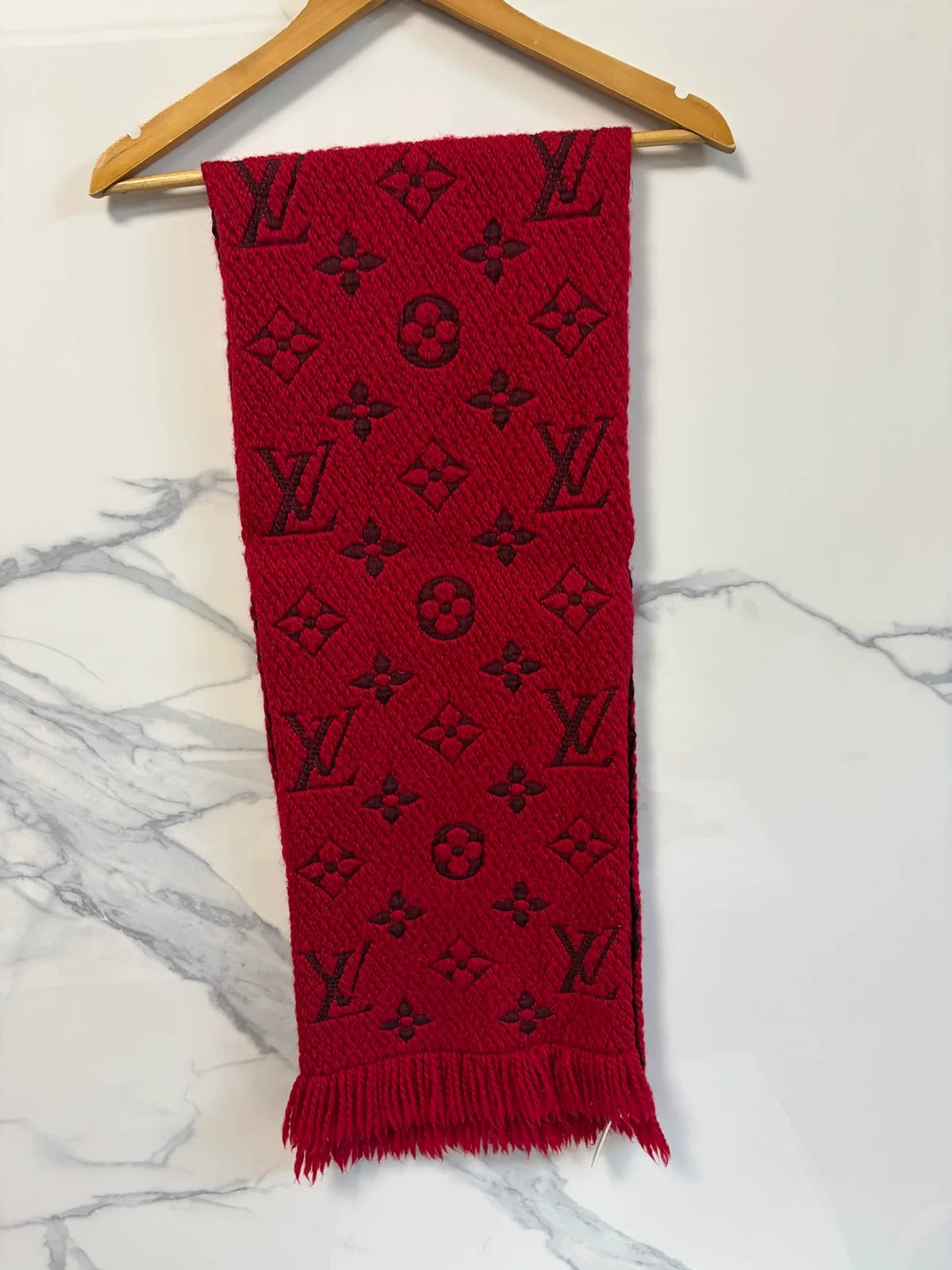 Louis Vuitton Red Monogram Wool Silk Fringe Scarf