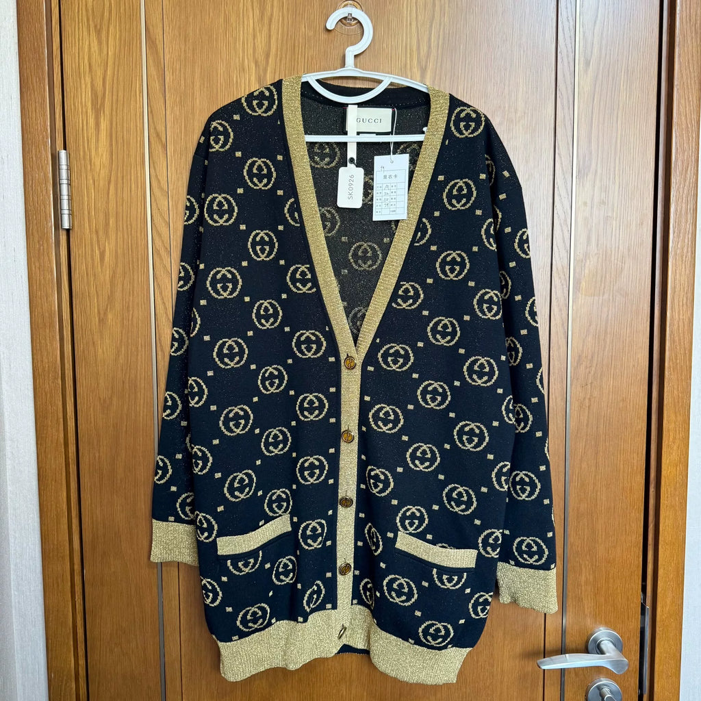 Gucci Black Gold Double G All-Over Print Cardigan