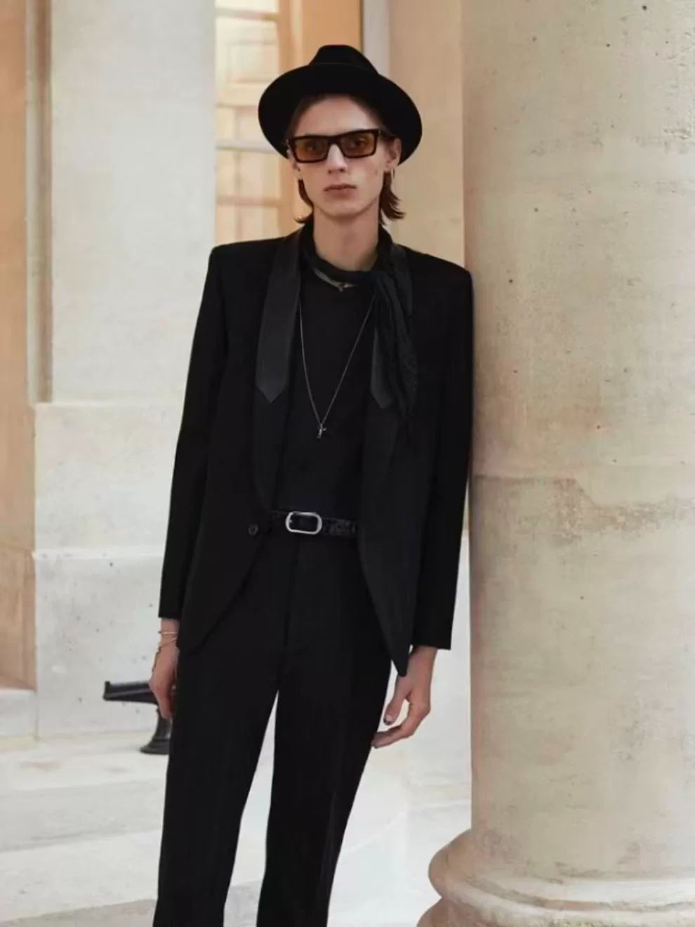 Saint Laurent 21FW Runway Black Sheepskin Striped Suit