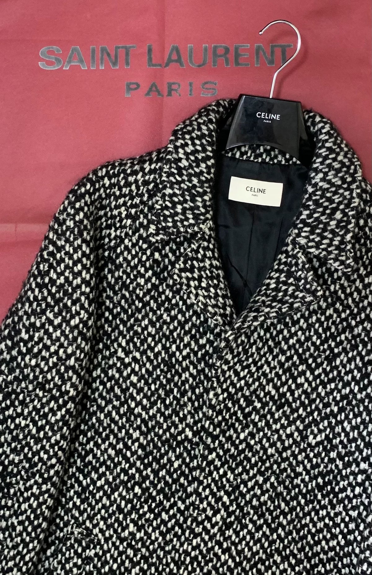 Celine FW19 Black White Plaid Snowflake Wool Mohair Coat