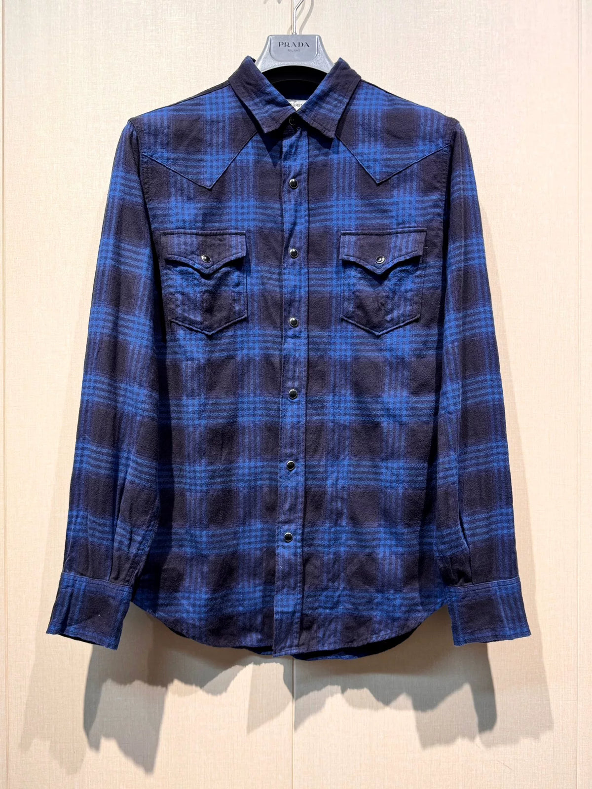 Saint Laurent Navy Blue Plaid Black Button-Down Flannel Shirt